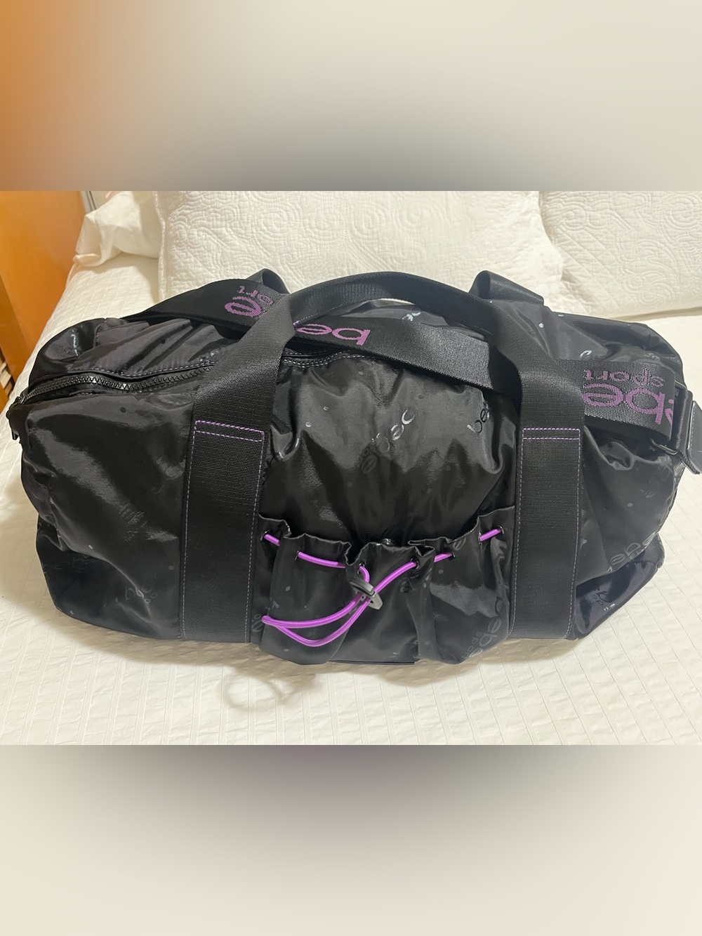 Bebe Overnight Gym Duffle Bag Crossbody Strap Black Glitter XL Athleisure Travel